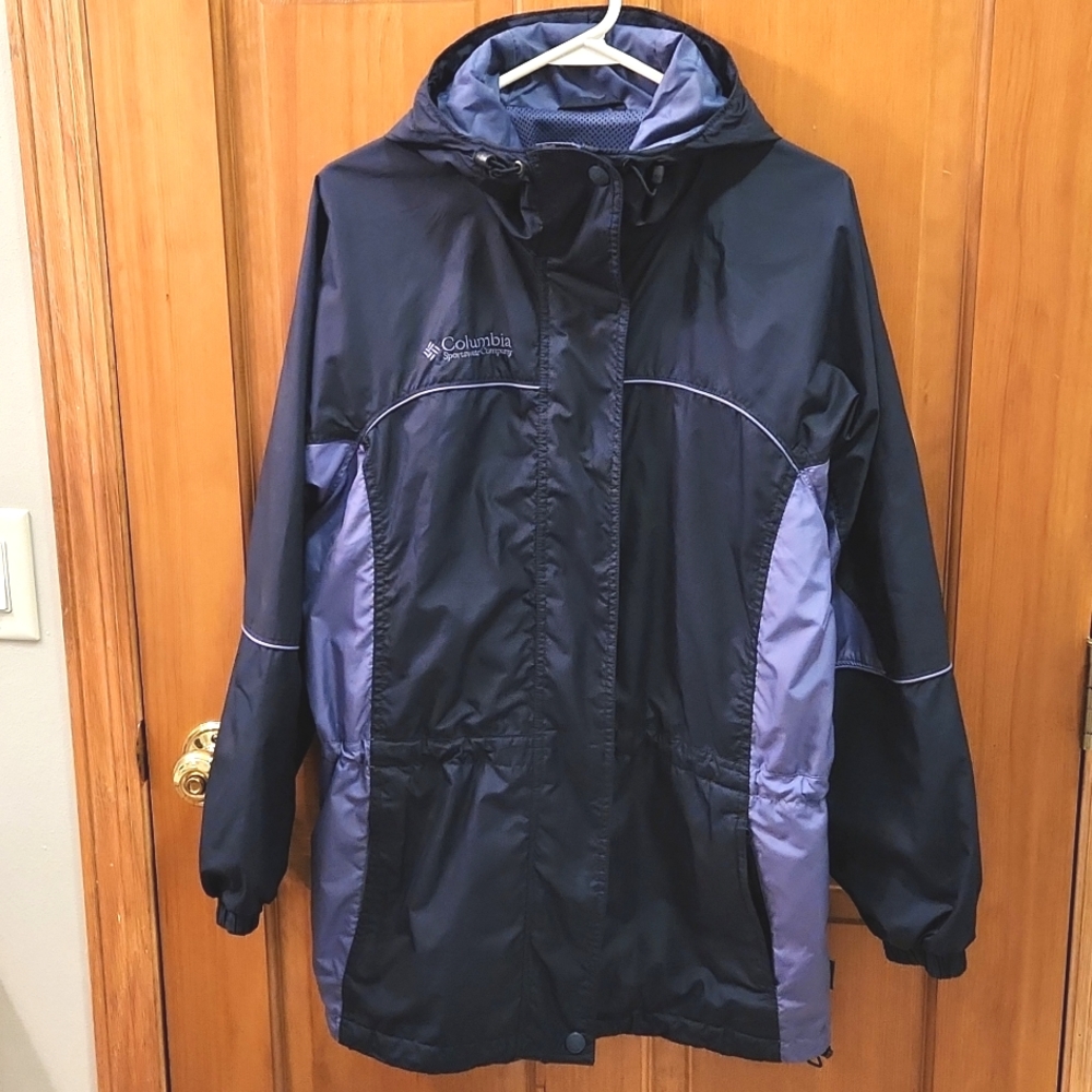 Columbia Windbreaker, Drawstring Hood, Waist & Hem. Blue Size M